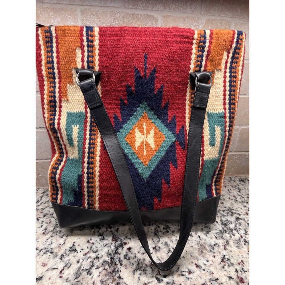 El Paso Saddle Blanket Wool & Leather Tote Bag Purse Aztec Boho L 14"x14.5"x3"